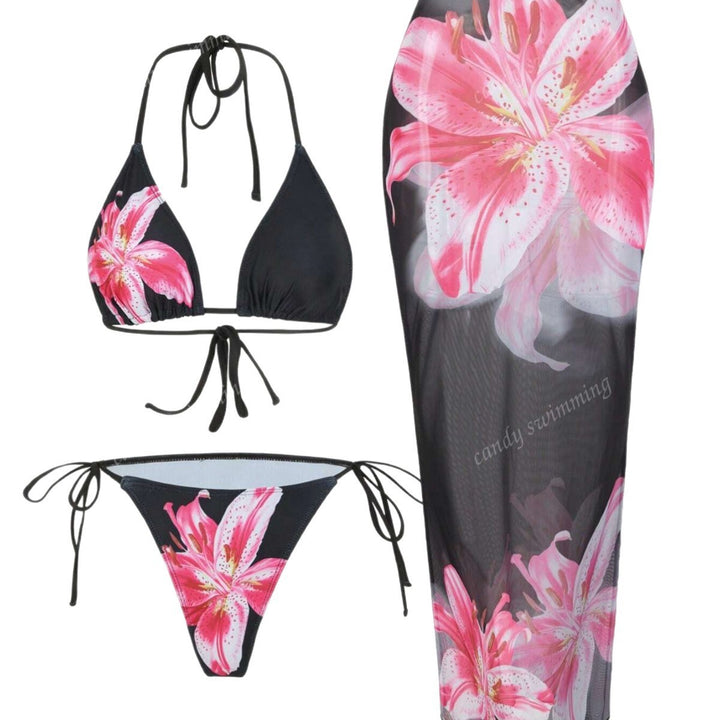 Women's triangle bikini set with floral patterns and transparent maxi skirt StylebySassy