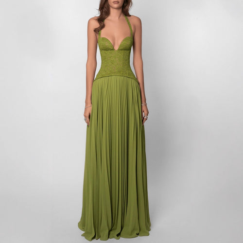Ladies nan halter neck corset dress with lace corset and flowing pleated skirt StylebySassy