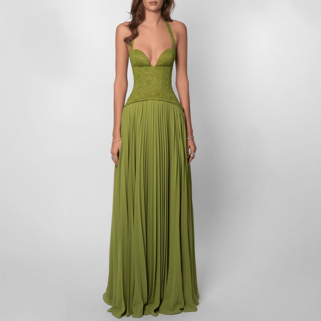 Ladies' elegant evening dress with lace corset and pleated maxi skirt StylebySassy