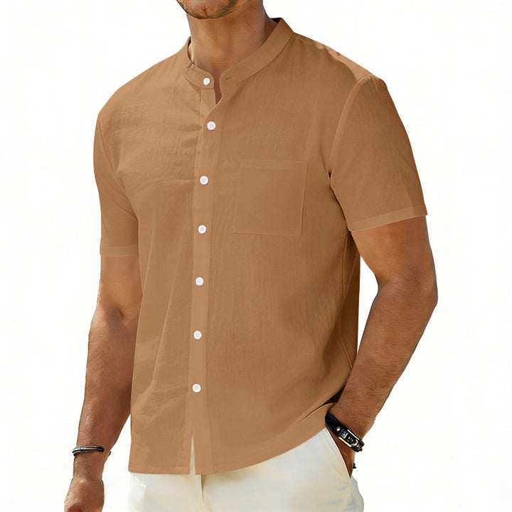 Men's short-sleeved linen shirt with stand-up collar and chest pocket StylebySassy