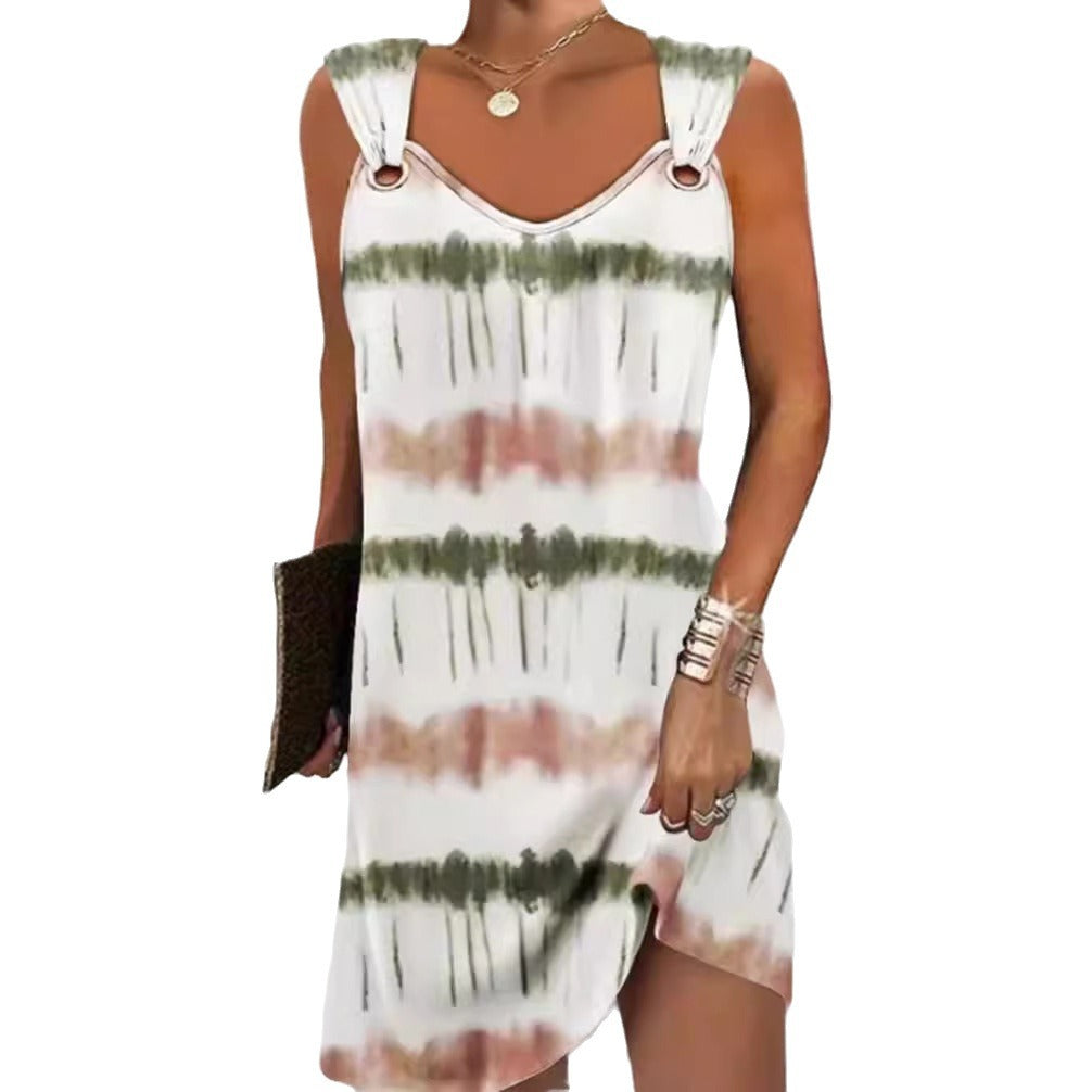 Women's sleeveless V-neck summer dress with decorative metal eyelets on wide straps and casual A-line silhouette StylebySassy