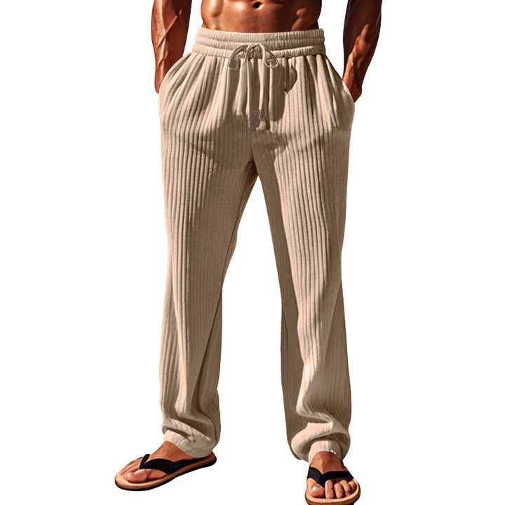 Men's casual ribbed leisure pants with drawstring waistband, side pockets, and straight leg StylebySassy