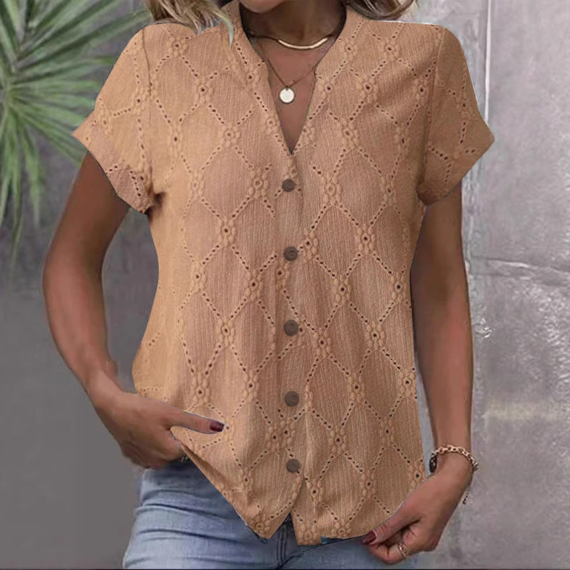 Women's short-sleeved embroidery blouse with V-neck and continuous button placket StylebySassy