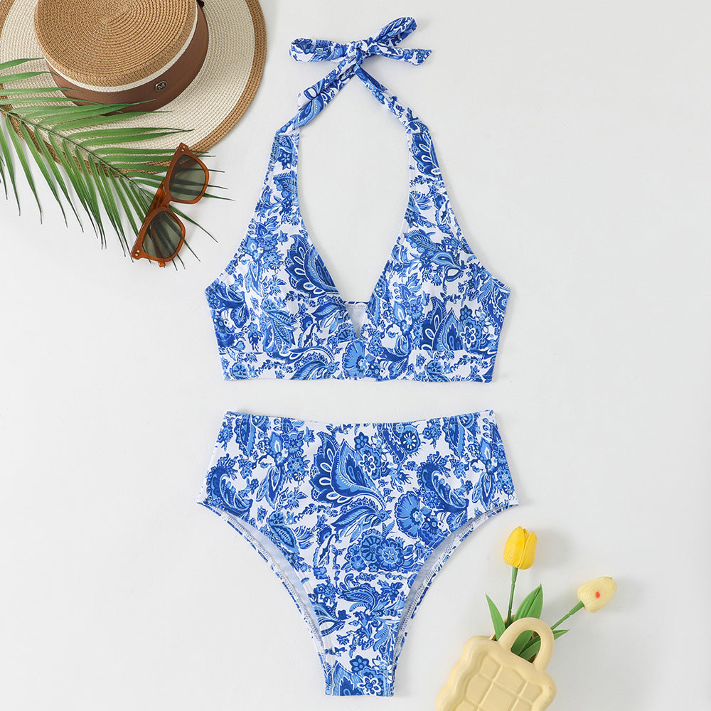 Women's High-Waisted Bikini Set with Floral Design and Playful Halter Top StylebySassy