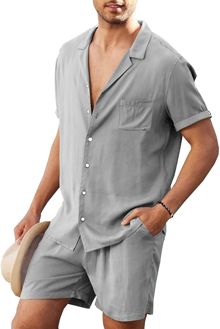 Men's two-piece summer casual ensemble with open collar shirt and elastic shorts StylebySassy