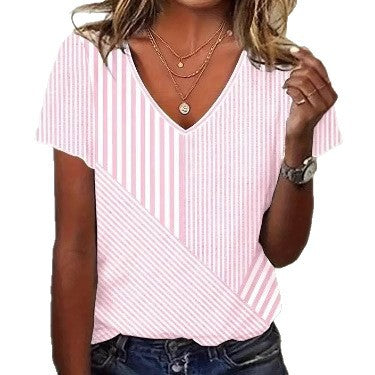 Women striped V-neck blouse with asymmetrical stripe mix and short sleeves StylebySassy
