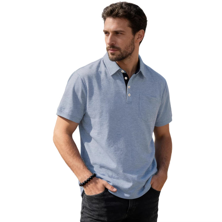 Men's short sleeve polo collar shirt made of textured jersey with chest pocket and contrasting button placket StylebySassy