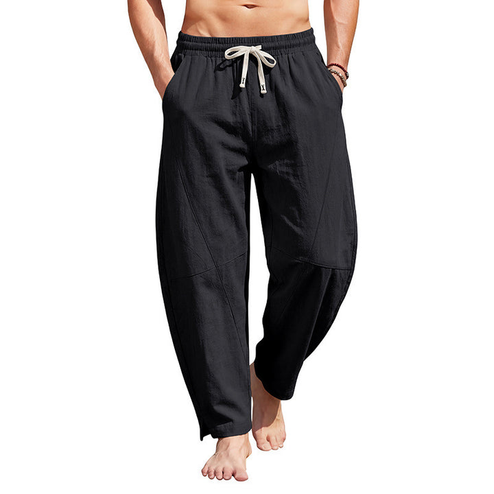 Men's airy comfort summer pants with elastic tunnel drawstring waistband, decorative seams, and side ankle slit StylebySassy