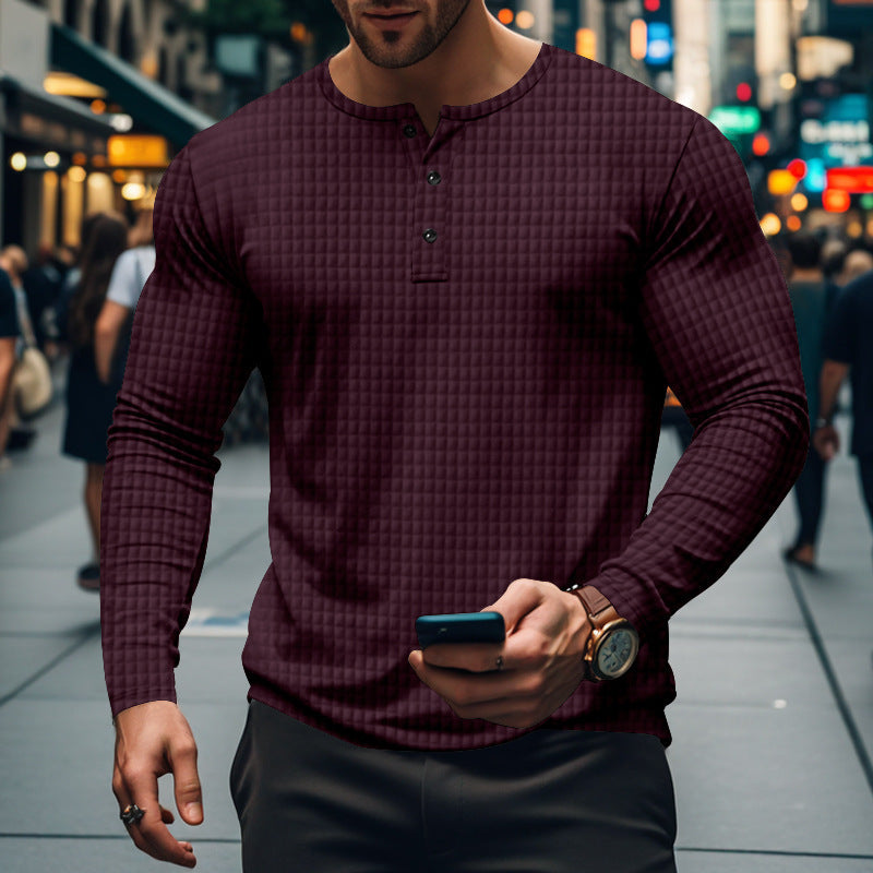 Men's fitted long-sleeve shirt with round neck button placket and waffle structure StylebySassy