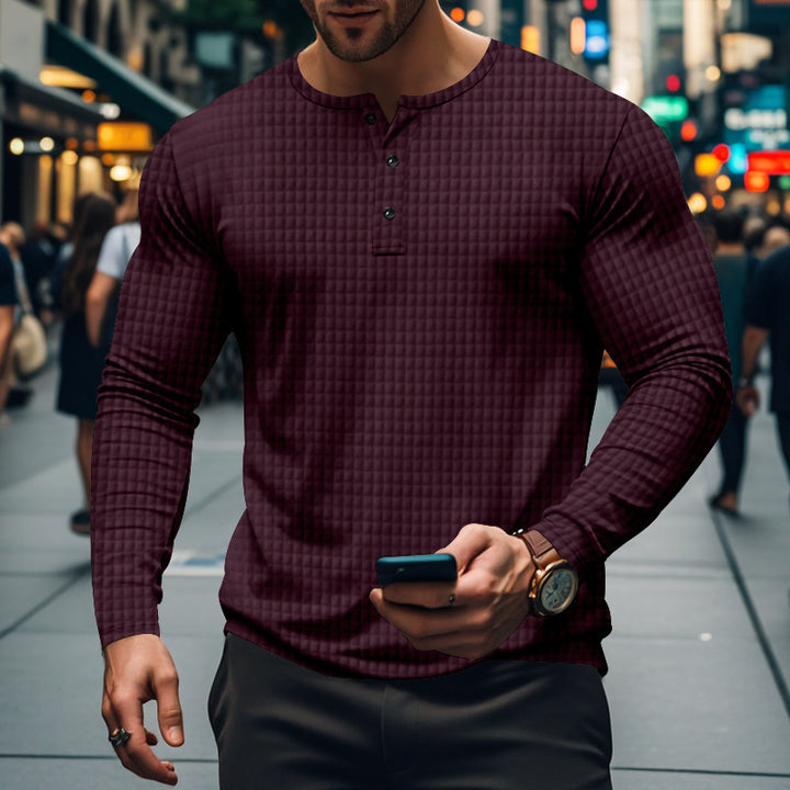 Men's fitted long-sleeve shirt with round neck button placket and waffle structure StylebySassy