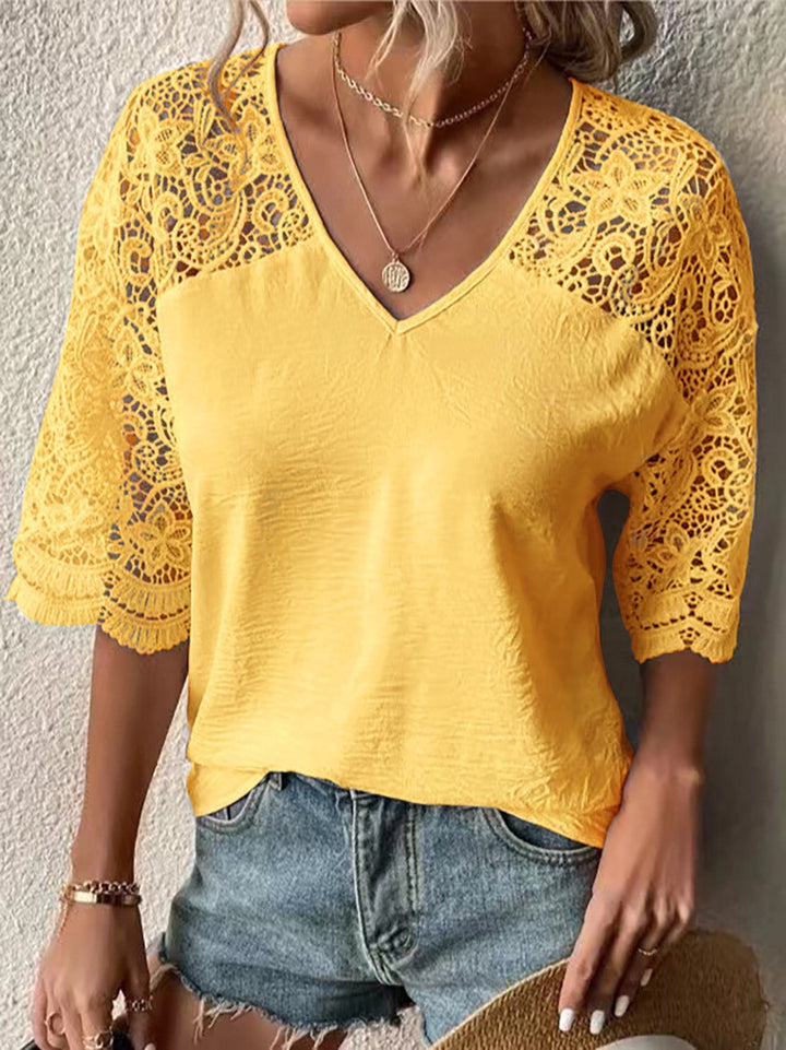Women’s V-neck lace blouse with three-quarter crochet sleeves and crinkle look StylebySassy
