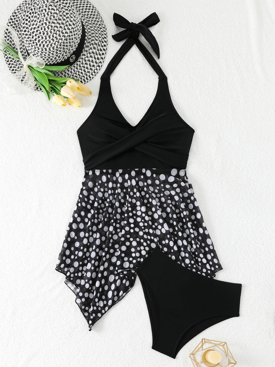 Women's swimsuit with wrap skirt and fashionable polka dots StylebySassy