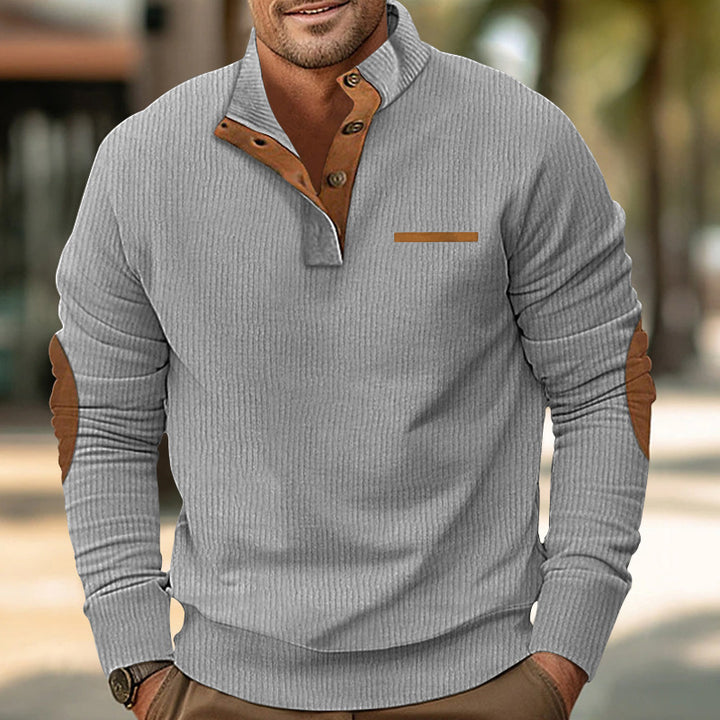 Men's ribbed long sleeve pullover with stand-up collar and faux leather elbow patches StylebySassy