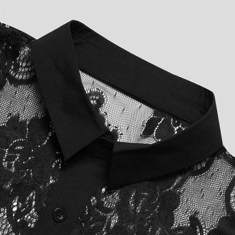 Ladies nan lightweight floral lace blouse with shirt collar and decorative button placket StylebySassy