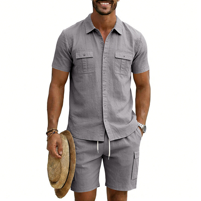 Men's summer leisure set made of cotton-linen blend with short-sleeve shirt and cargo shorts StylebySassy