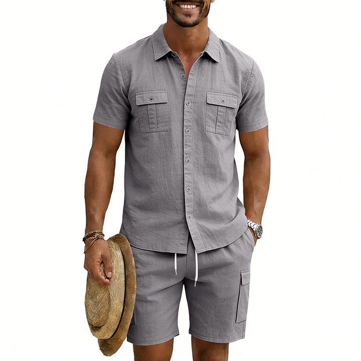 Men's summer leisure set made of cotton-linen blend with short-sleeve shirt and cargo shorts StylebySassy