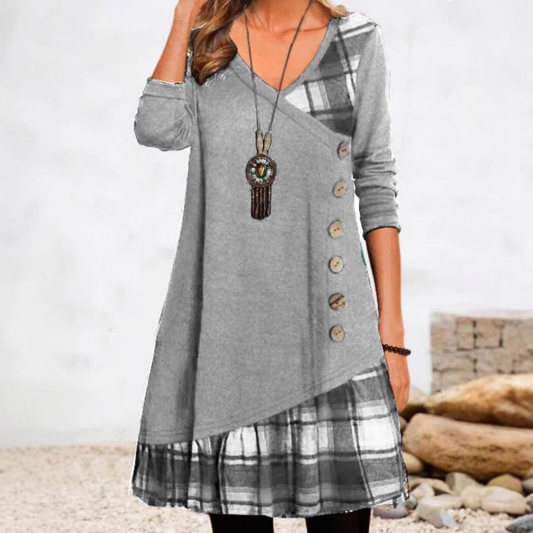 Women's asymmetrical V-neck tunic dress with decorative button placket and animal print trim StylebySassy
