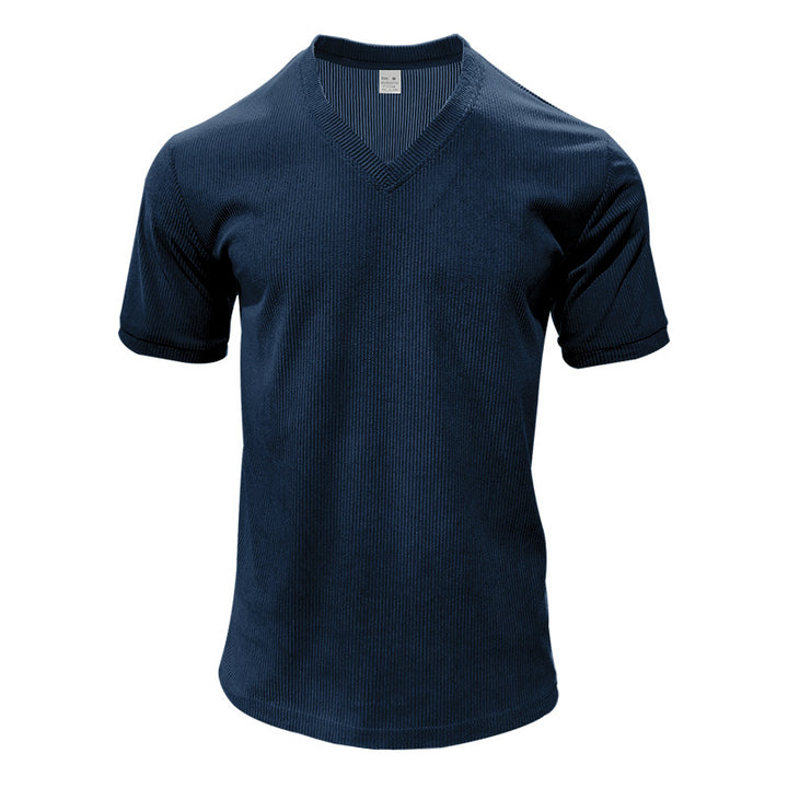 Men's structured V-neck ribbed jersey shirt with short sleeves and a slim fit StylebySassy
