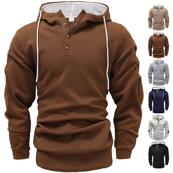 Men's structured hoodie in Henley style with contrast trim and elbow patches StylebySassy
