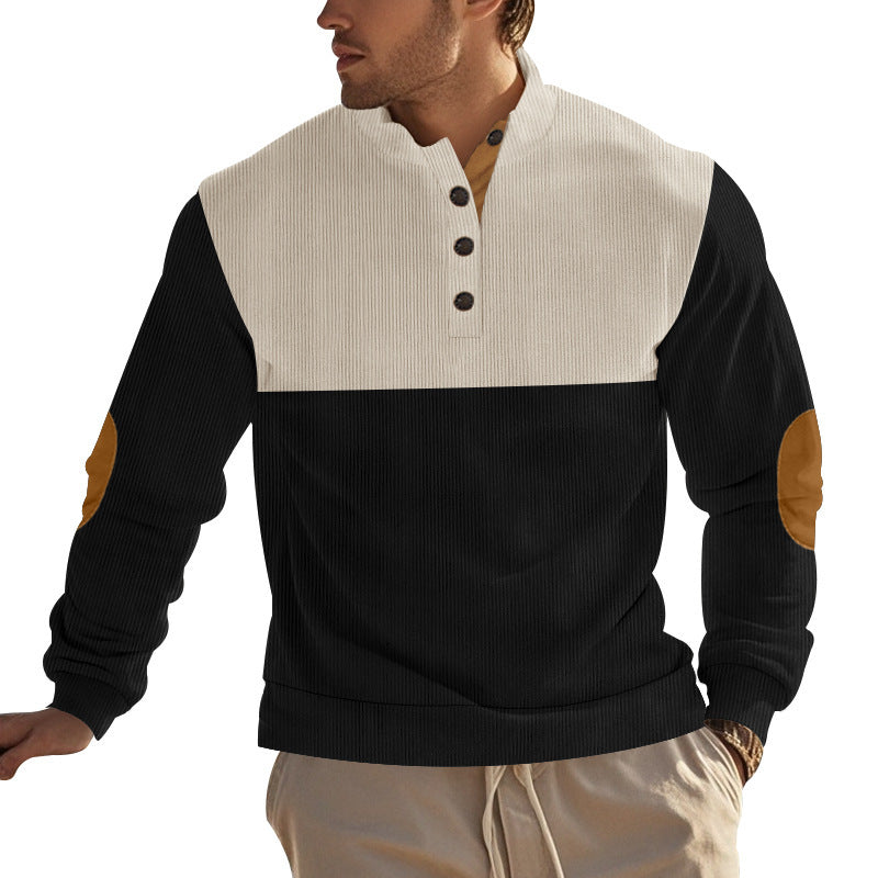 Men's ribbed knit sweater with standing collar, button placket, and leather elbow patches StylebySassy