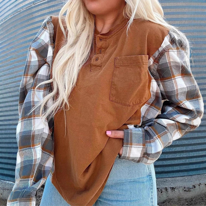 Women's nan further Henley pullover in layered look with checked sleeves and chest pocket StylebySassy