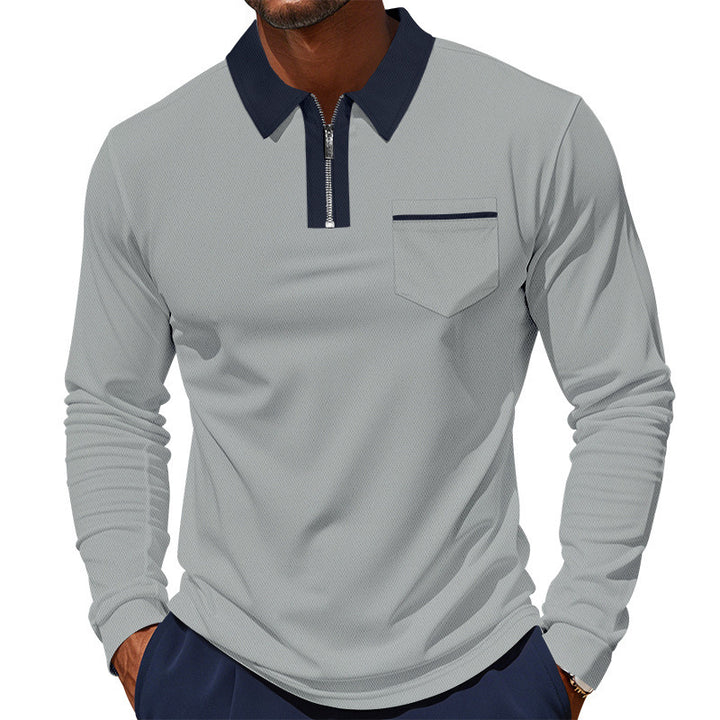 Men's long-sleeved polo with half zip, patch chest pocket, and fine structure jersey quality StylebySassy