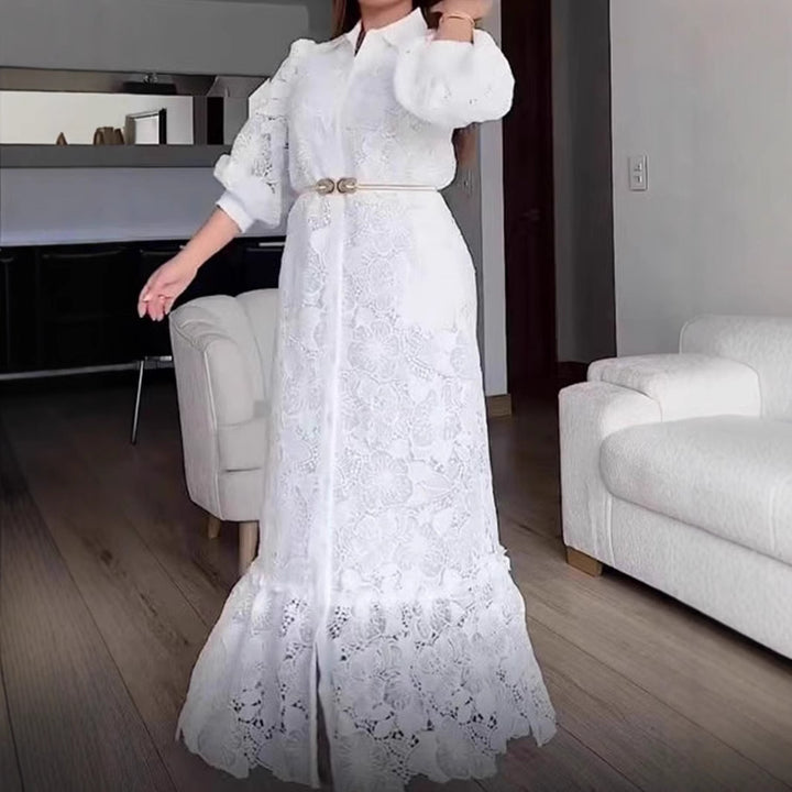 Ladies' maxi dress made of lace with shirt collar and puff sleeves StylebySassy