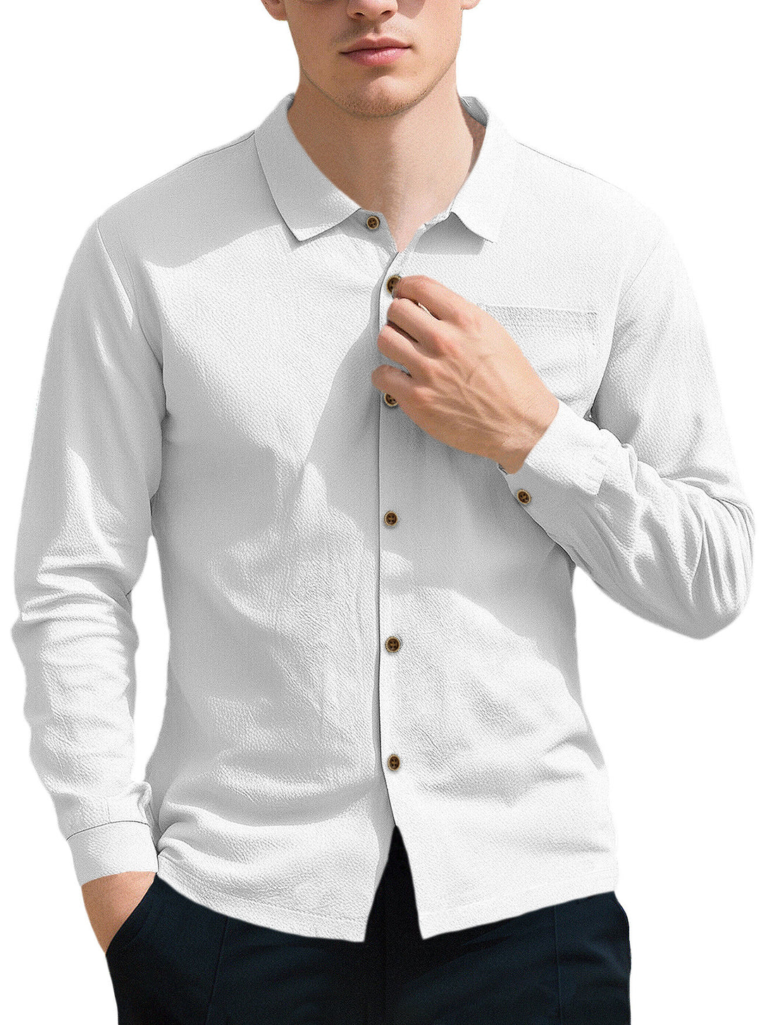 Men's breathable structured business shirt with breast pocket wooden button placket and ergonomic shoulder fit StylebySassy