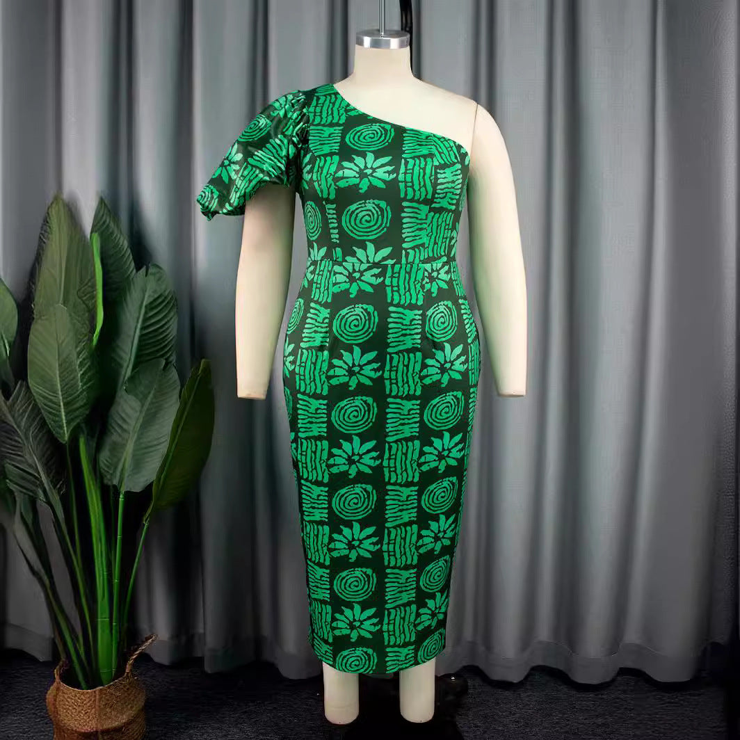 Women asymmetrical maxi dress with unique pattern and voluminous puff sleeve StylebySassy