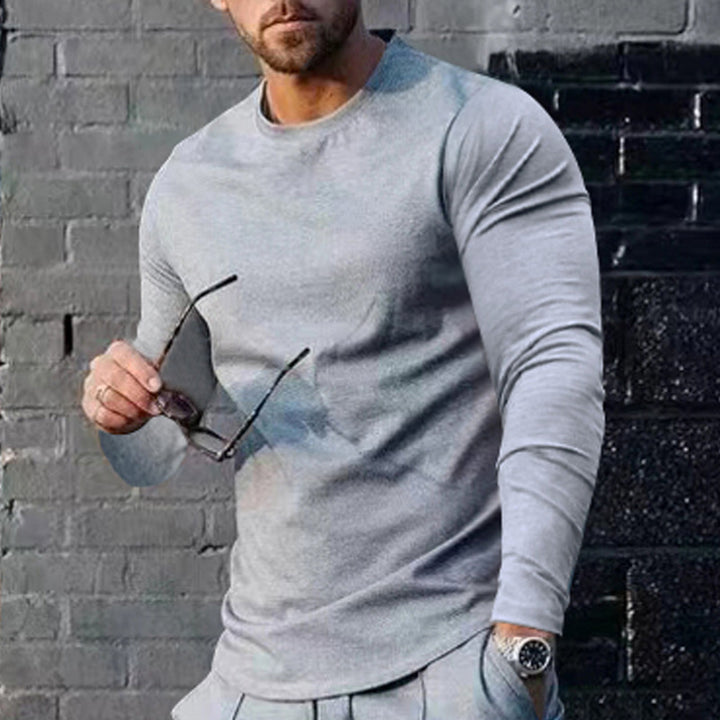 Men's narrow cut long sleeve shirt with round neckline elastic cotton stretch and extended hem StylebySassy