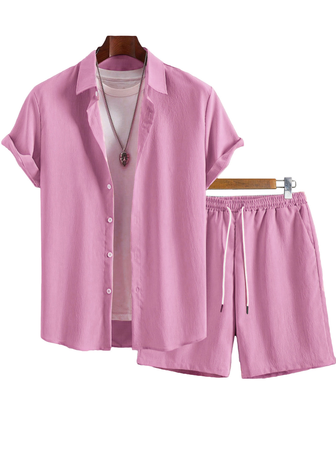 Men's Crinkle Lounge Set with Open Lapel Shirt, Integrated Short Sleeve T-Shirt, and Drawstring Bermuda StylebySassy