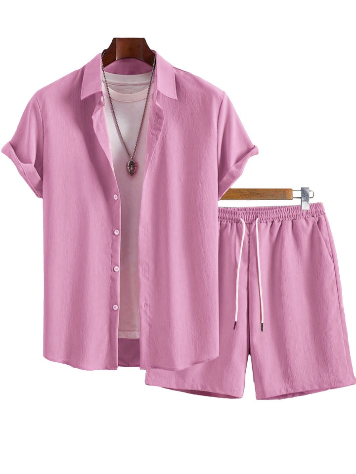 Men's Crinkle Lounge Set with Open Lapel Shirt, Integrated Short Sleeve T-Shirt, and Drawstring Bermuda StylebySassy