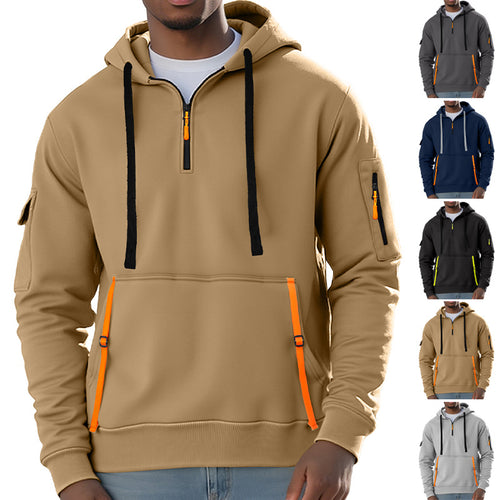 Men's Nano Urban Tech Hooded Half-Zip Pullover with Utility Arm Pocket, Kangaroo Pocket, and Adjustable Zipper Tapes StylebySassy