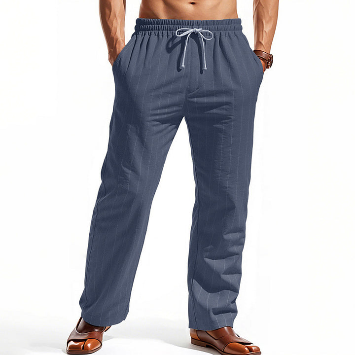 Men's Casual Pinstripe Leisure Pants with Elastic Drawstring Waist, Side Pockets, and Straight Leg StylebySassy