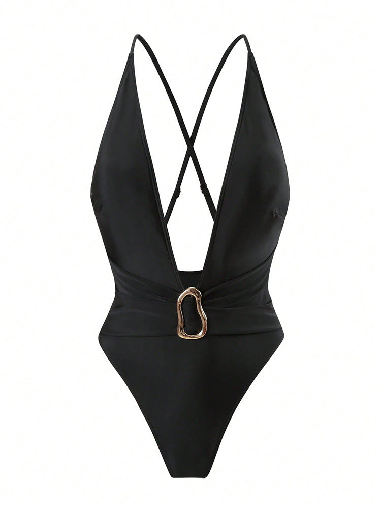 Women's one-piece swimsuit with deep V-neckline and elegant decorative element StylebySassy