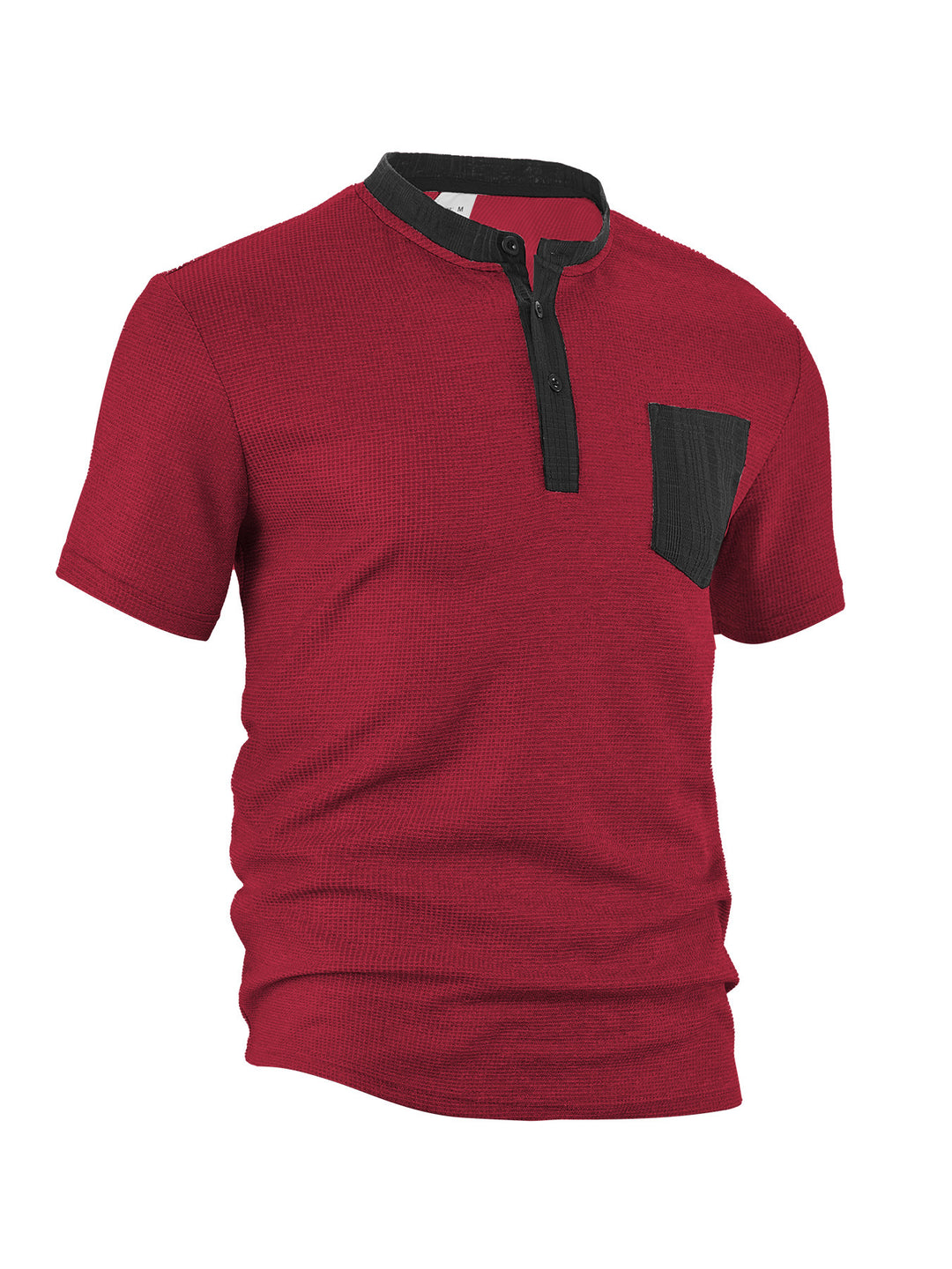 Men's breathable waffle henley shirt with stand-up collar, short button placket, and patch chest pocket StylebySassy