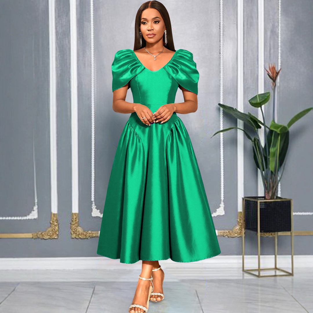Ladies Elegant Satin Evening Dress with Voluminous Puff Sleeves StylebySassy