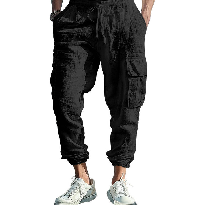 Men's Casual Linen Cargo Joggers with Drawstring Waist, Large Flap Pockets and Elastic Ankle Cuffs StylebySassy