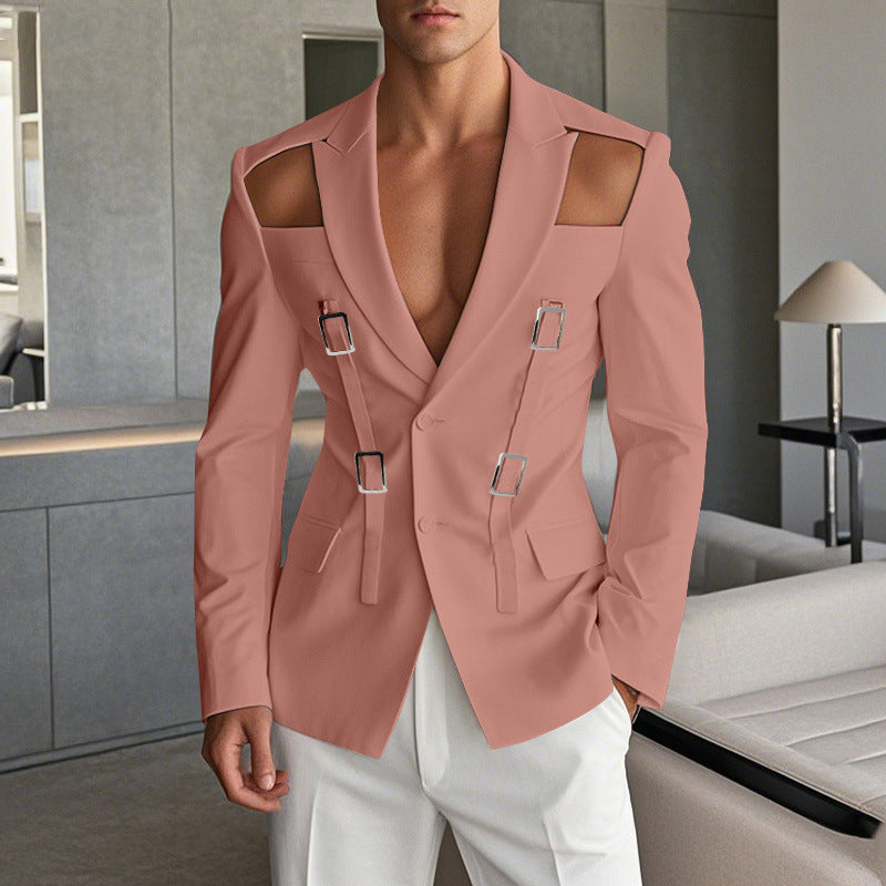 Men's avant-garde blazer with shoulder cutouts and buckle straps StylebySassy