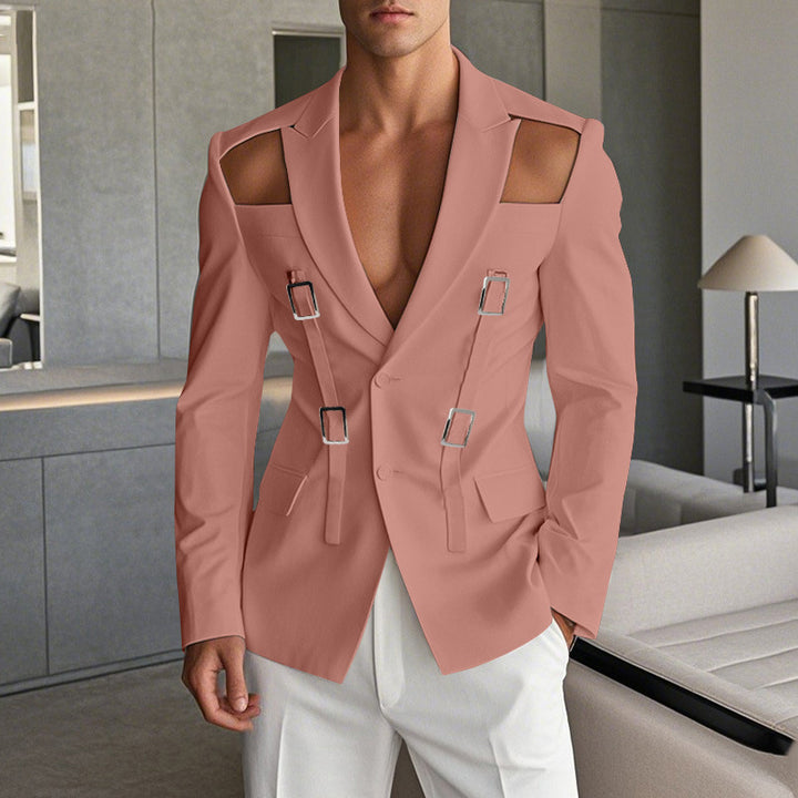 Men's avant-garde blazer with shoulder cutouts and buckle straps StylebySassy