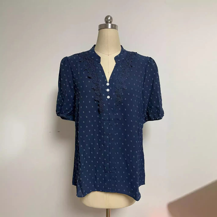 Women's semi-transparent Dobby blouse with stand-up collar, crochet trim, and puff sleeves StylebySassy