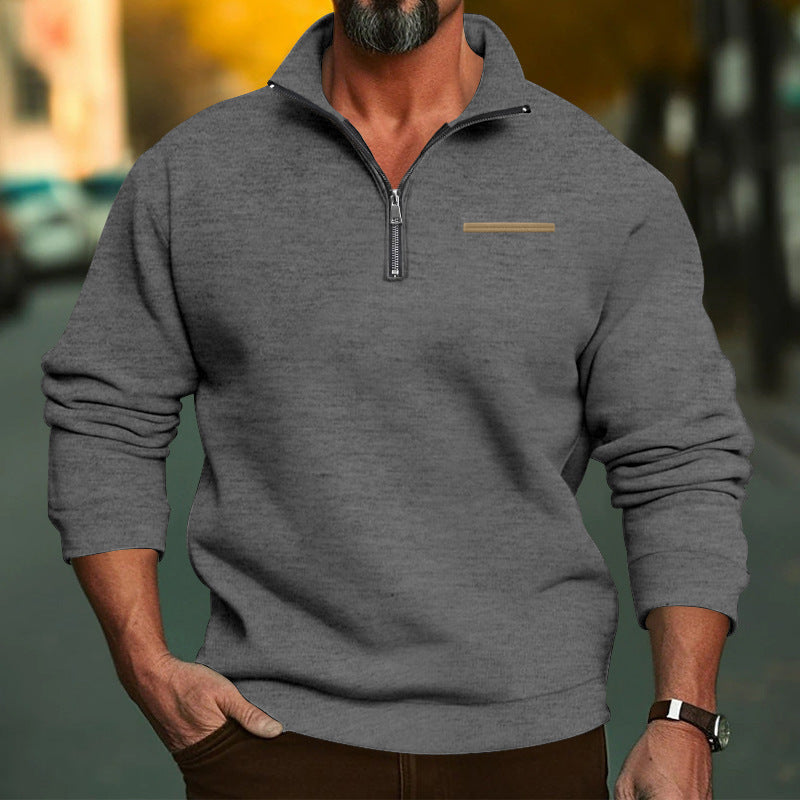 Men's high-quality sweatshirt with metal half-zip, reinforced stand-up collar, and discreet chest piping StylebySassy