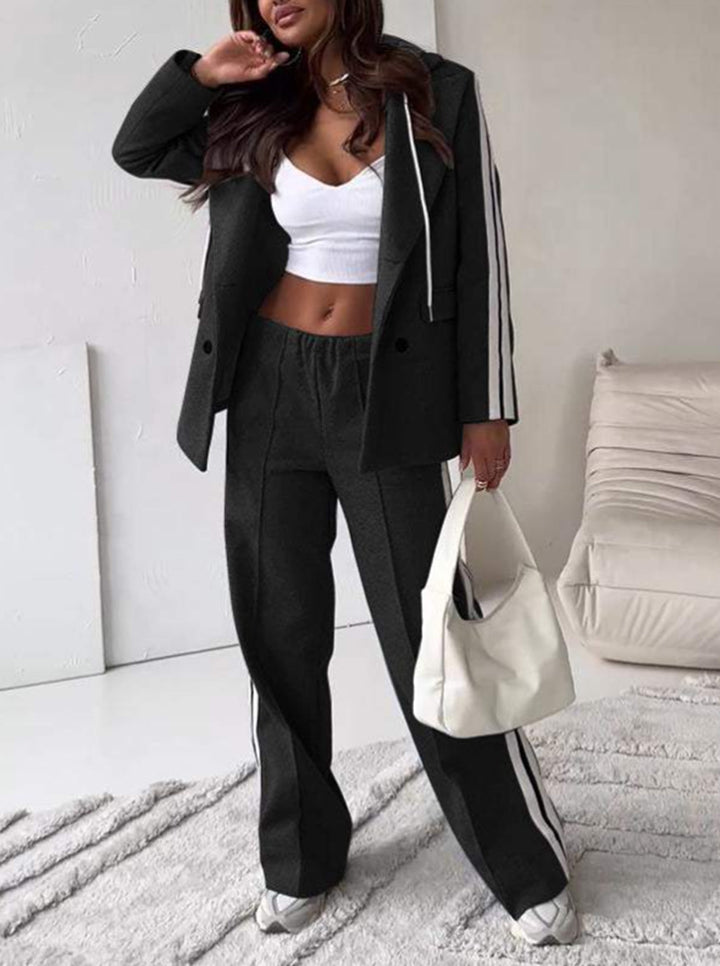 Women's sporty-elegant blazer two-piece with hooded blazer and wide training pants with side stripe StylebySassy