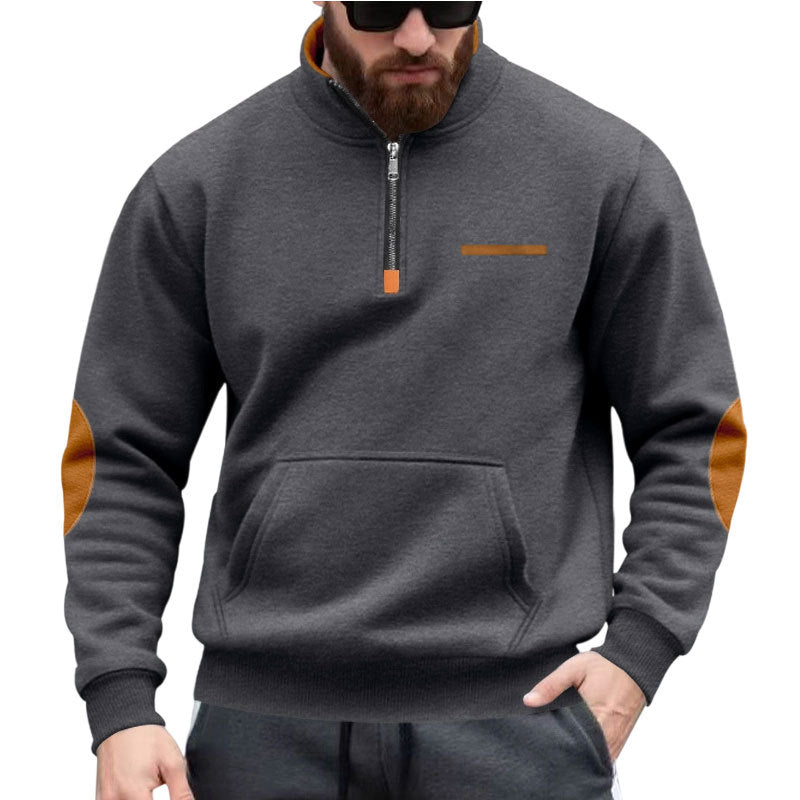 Men's half-zip sweatshirt with stand-up collar, kangaroo pocket, and elbow patches StylebySassy
