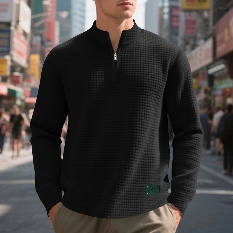 Men's nano lightweight waffle knit pullover with short collar zipper and rounded hem StylebySassy