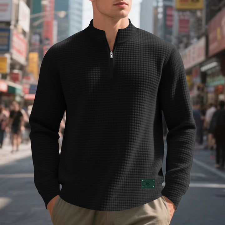 Men's nano lightweight waffle knit pullover with short collar zipper and rounded hem StylebySassy
