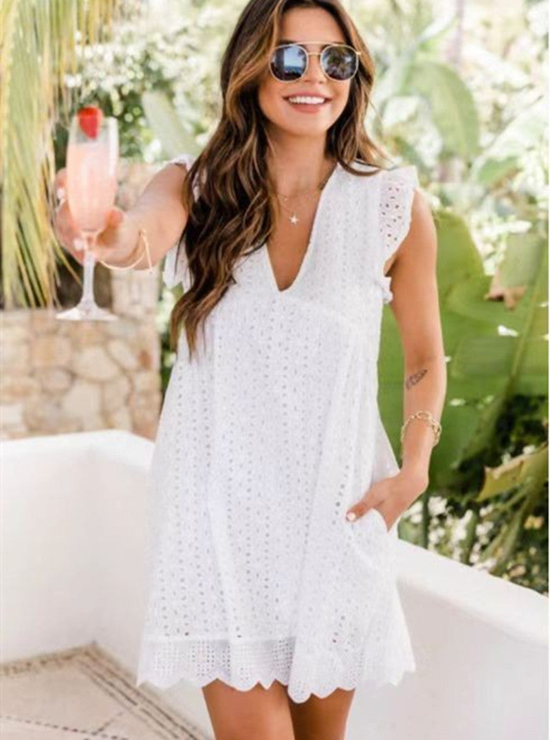 Women's Broderie-Anglaise Mini Dress with V-Neck, Ruffled Sleeves, and Insert Pockets StylebySassy
