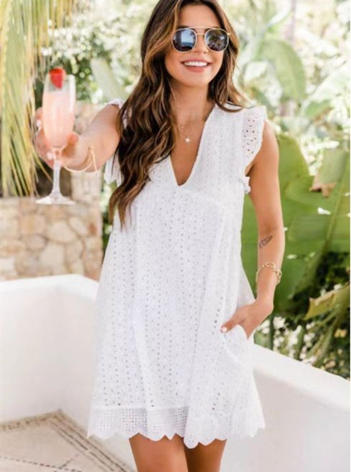 Women's Broderie-Anglaise Mini Dress with V-Neck, Ruffled Sleeves, and Insert Pockets StylebySassy