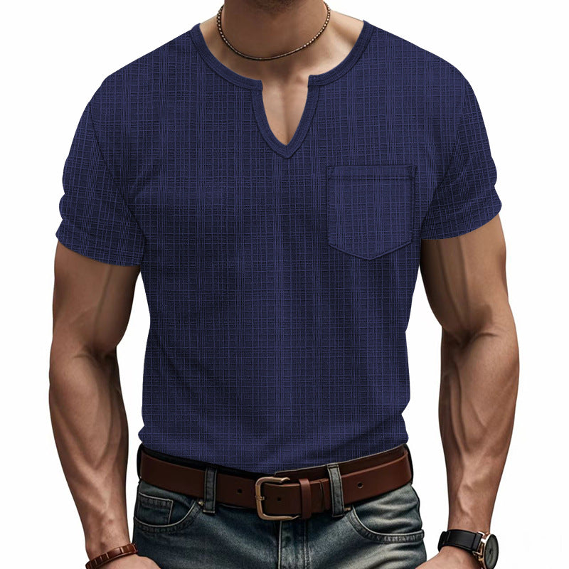 Men's short-sleeve shirt with V-slit neckline and patch chest pocket made of textured jersey StylebySassy