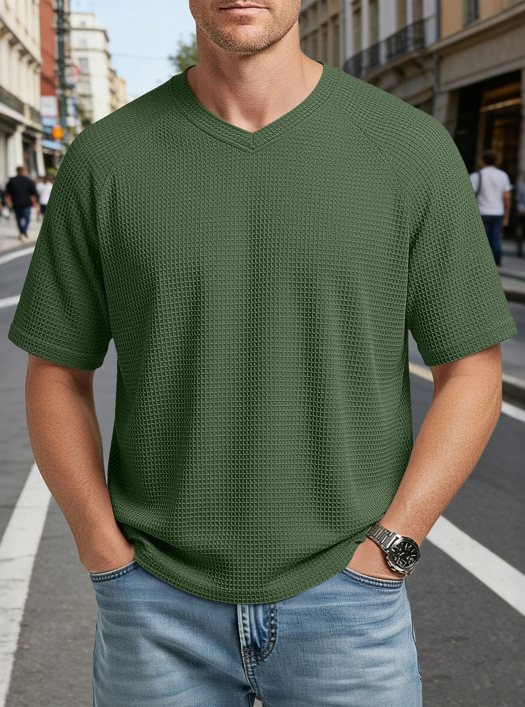 Men's casual V-neck waffle knit T-shirt made of breathable cotton blend StylebySassy